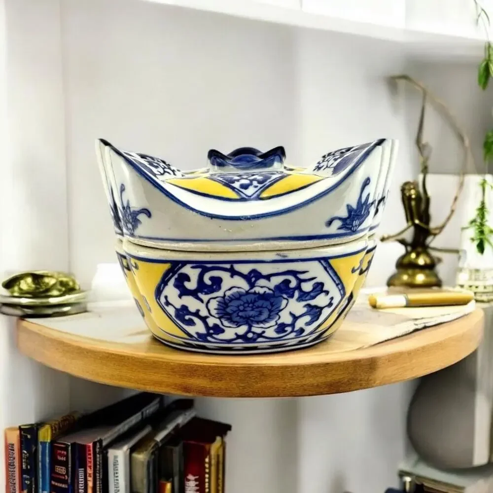 Chinese Vintage 1950s White, Yellow, and Blue Lucky Ingots Shaped Porcelain Box